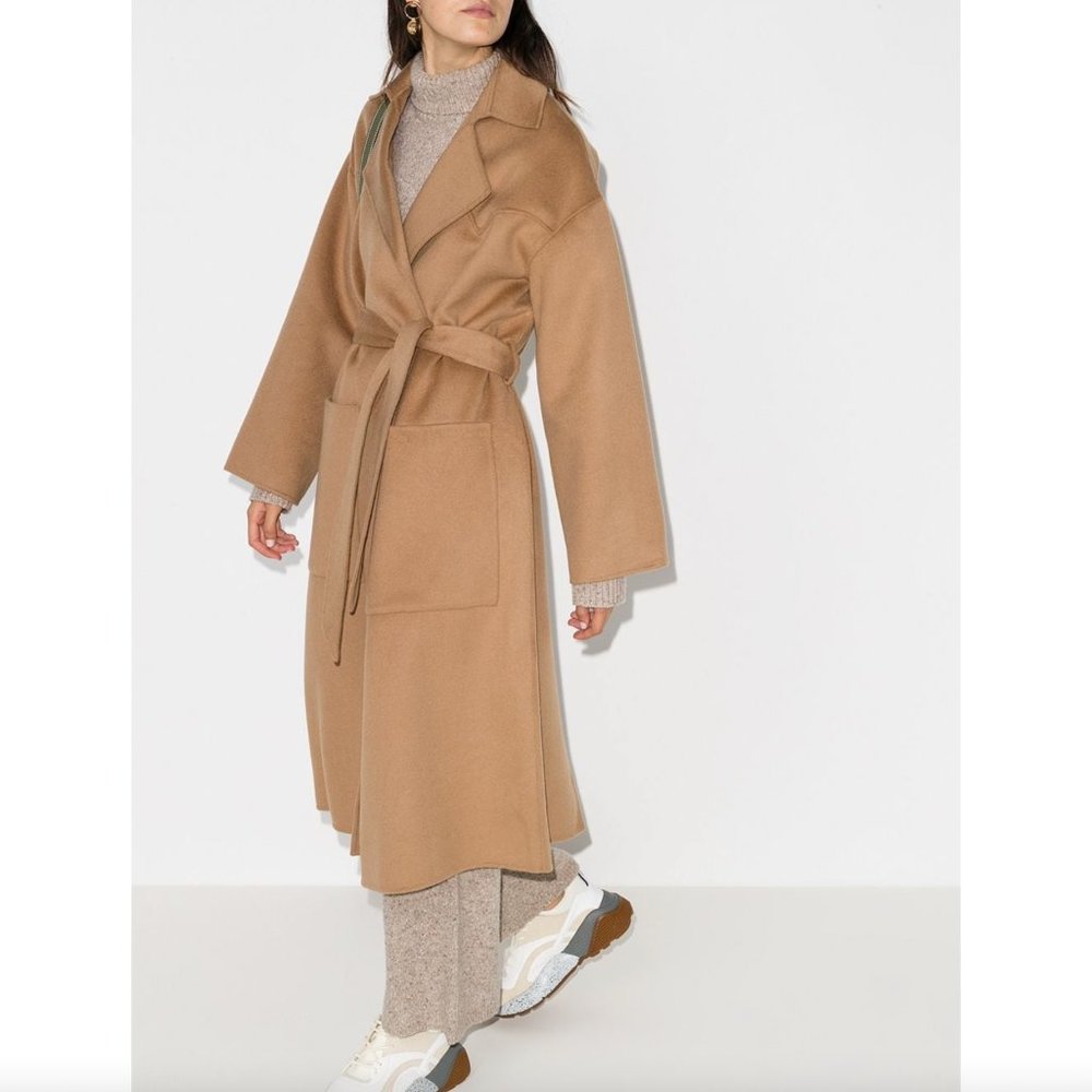 Nanushka Alamo Belted Midi Coat in Camel Brown